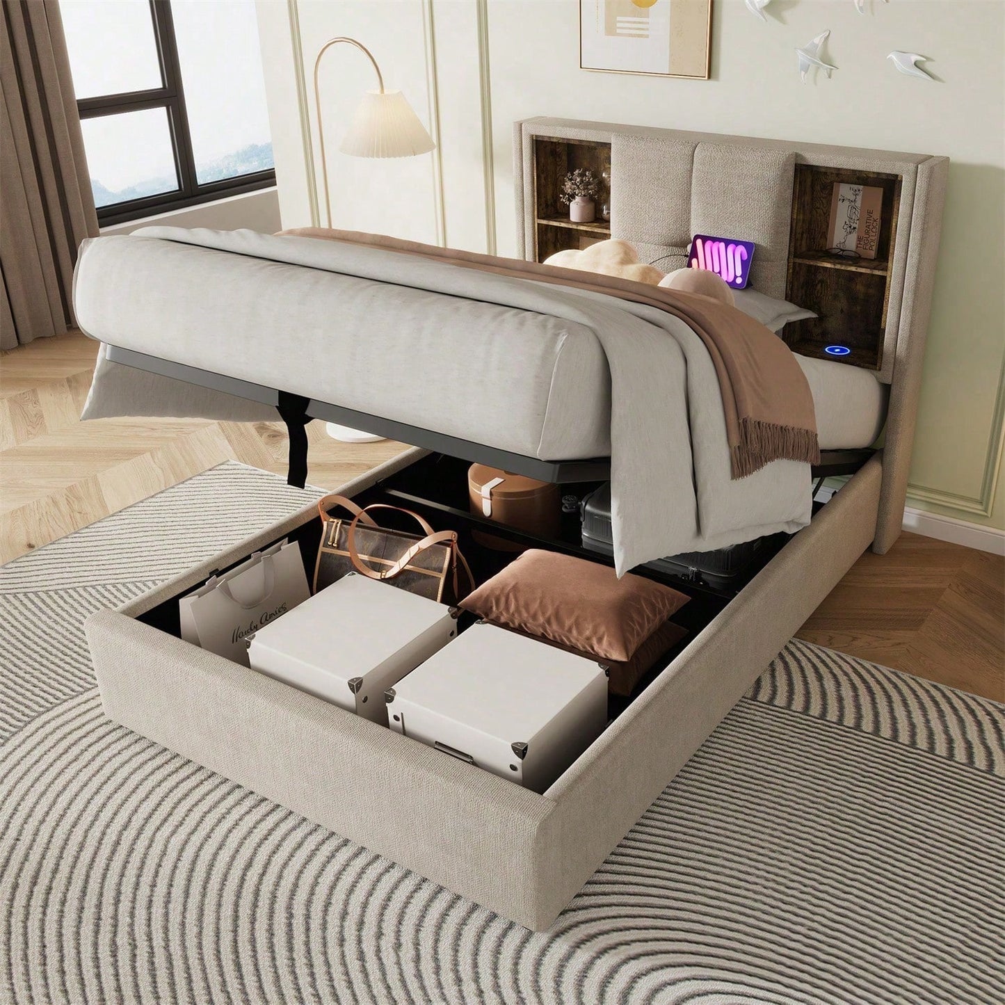 Einzelbett mit Kabellosem Laden USB C, Polsterbett Bettgestell 90x200cm,Bettgestell mit Stauraum Lattenrost aus Holz-Grau Baumwolle