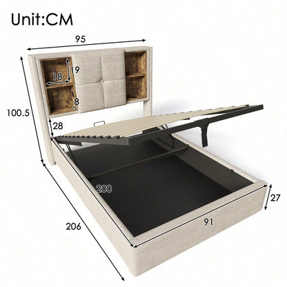 Einzelbett mit Kabellosem Laden USB C, Polsterbett Bettgestell 90x200cm,Bettgestell mit Stauraum Lattenrost aus Holz-Grau Baumwolle