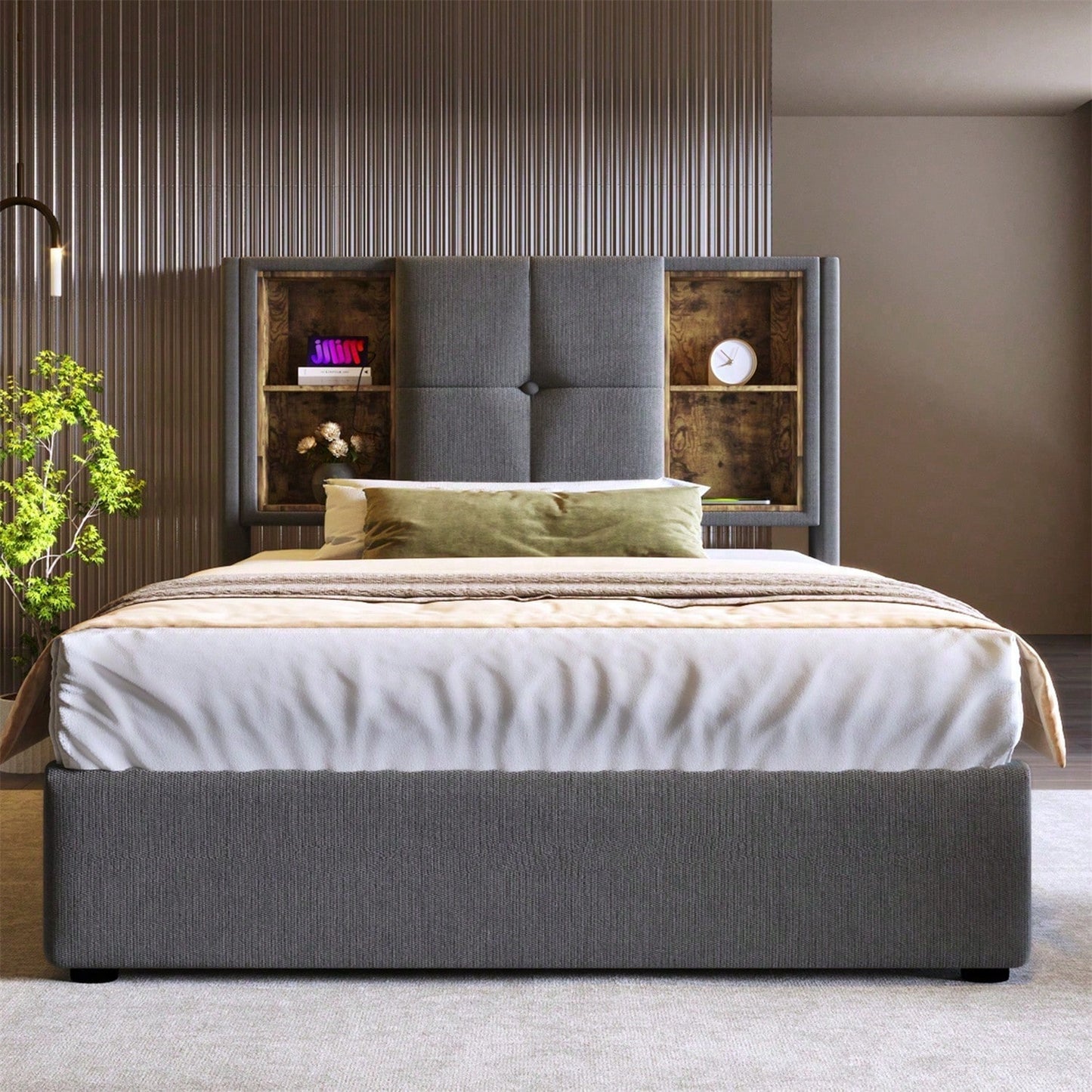Einzelbett mit Kabellosem Laden USB C, Polsterbett Bettgestell 90x200cm,Bettgestell mit Stauraum Lattenrost aus Holz-Grau Baumwolle