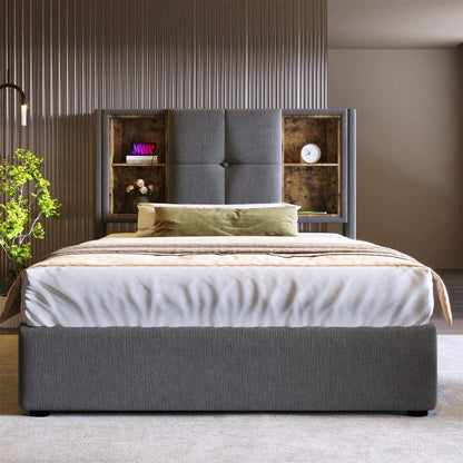 Einzelbett mit Kabellosem Laden USB C, Polsterbett Bettgestell 90x200cm,Bettgestell mit Stauraum Lattenrost aus Holz-Grau Baumwolle