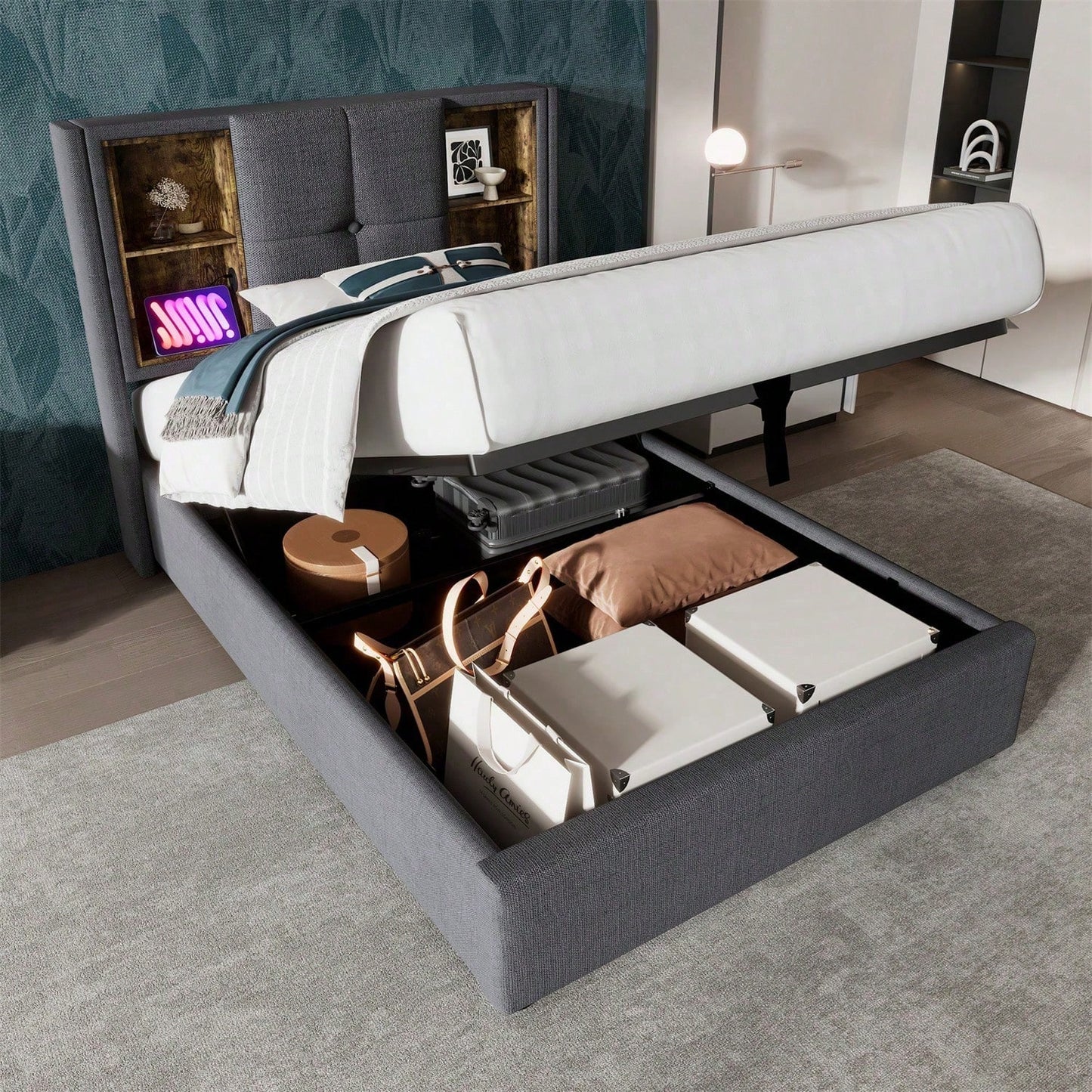 Einzelbett mit Kabellosem Laden USB C, Polsterbett Bettgestell 90x200cm,Bettgestell mit Stauraum Lattenrost aus Holz-Grau Baumwolle