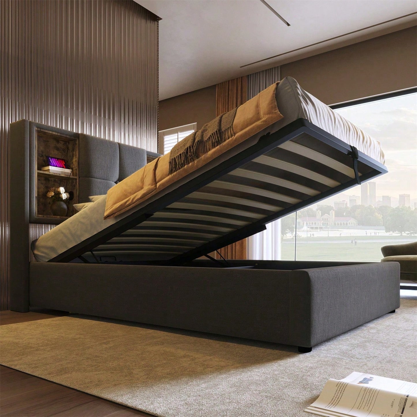 Einzelbett mit Kabellosem Laden USB C, Polsterbett Bettgestell 90x200cm,Bettgestell mit Stauraum Lattenrost aus Holz-Grau Baumwolle