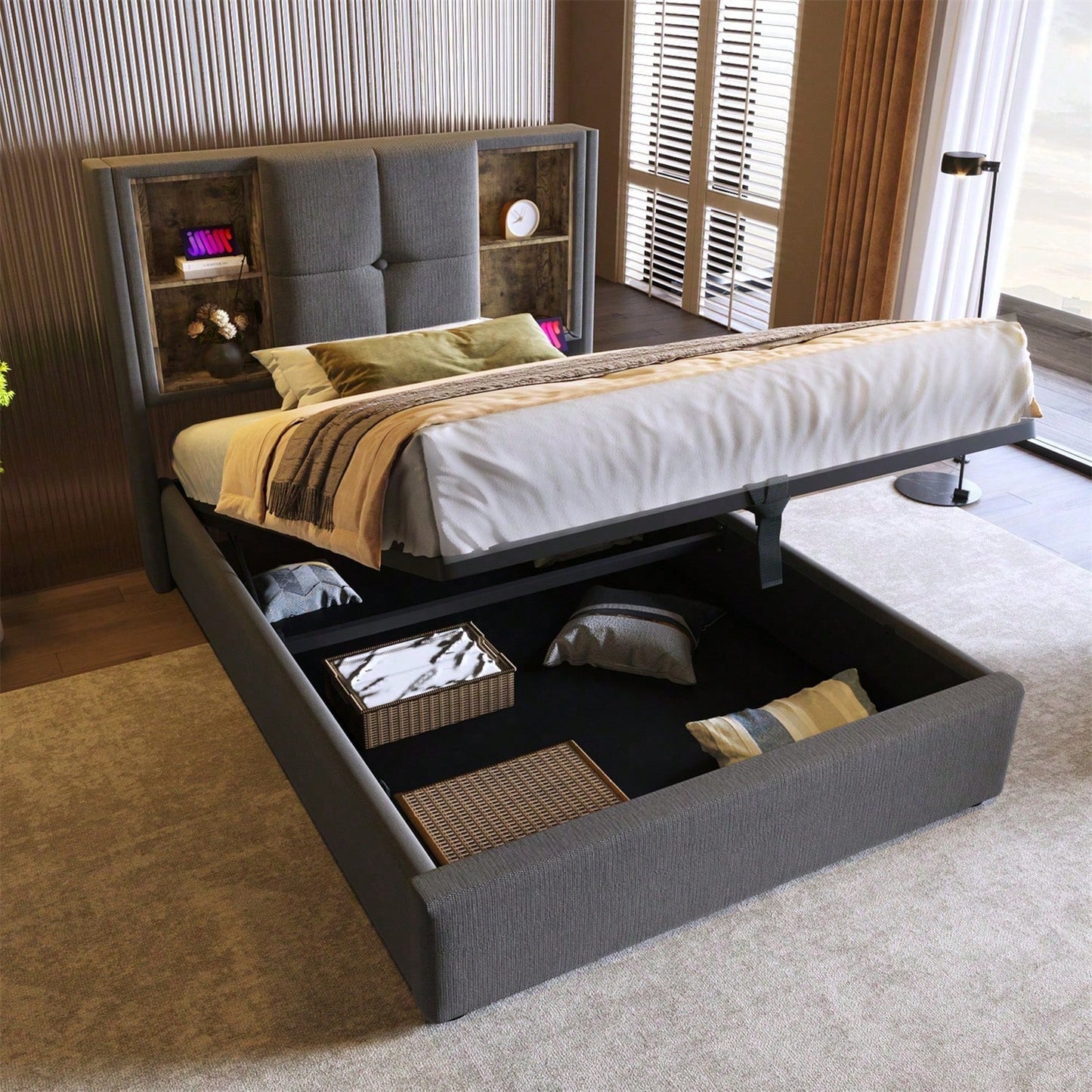 Einzelbett mit Kabellosem Laden USB C, Polsterbett Bettgestell 90x200cm,Bettgestell mit Stauraum Lattenrost aus Holz-Grau Baumwolle