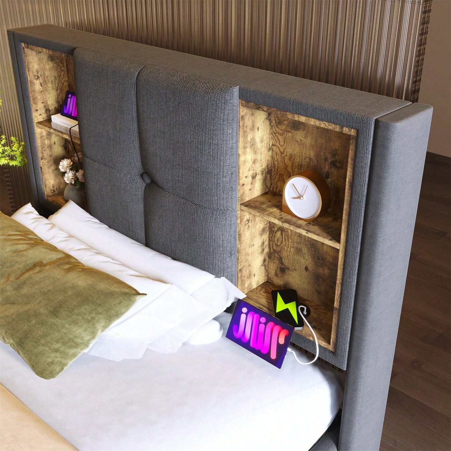 Einzelbett mit Kabellosem Laden USB C, Polsterbett Bettgestell 90x200cm,Bettgestell mit Stauraum Lattenrost aus Holz-Grau Baumwolle