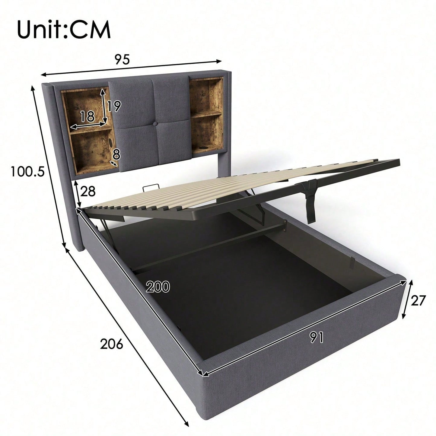 Einzelbett mit Kabellosem Laden USB C, Polsterbett Bettgestell 90x200cm,Bettgestell mit Stauraum Lattenrost aus Holz-Grau Baumwolle