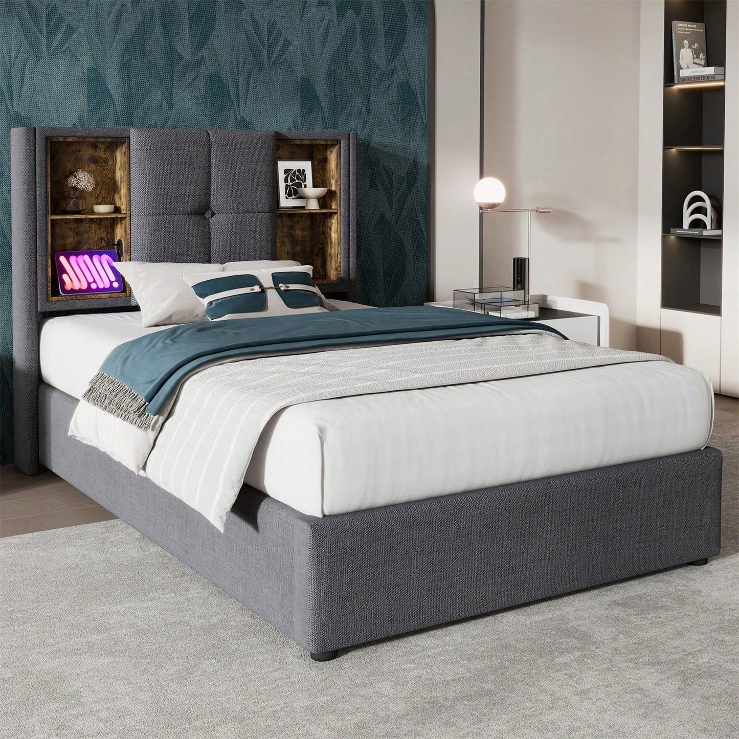 Einzelbett mit Kabellosem Laden USB C, Polsterbett Bettgestell 90x200cm,Bettgestell mit Stauraum Lattenrost aus Holz-Grau Baumwolle