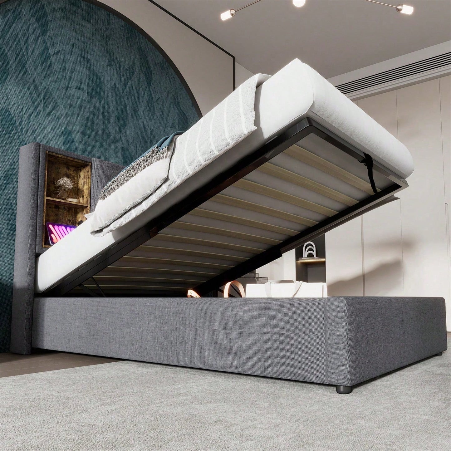 Einzelbett mit Kabellosem Laden USB C, Polsterbett Bettgestell 90x200cm,Bettgestell mit Stauraum Lattenrost aus Holz-Grau Baumwolle