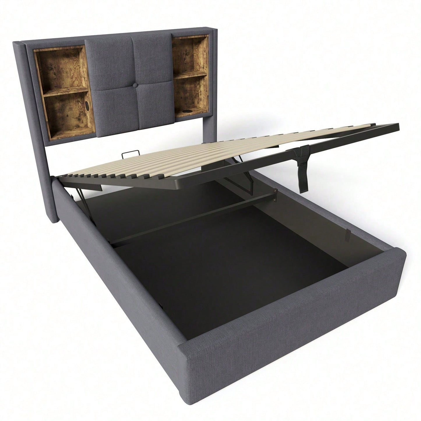 Einzelbett mit Kabellosem Laden USB C, Polsterbett Bettgestell 90x200cm,Bettgestell mit Stauraum Lattenrost aus Holz-Grau Baumwolle