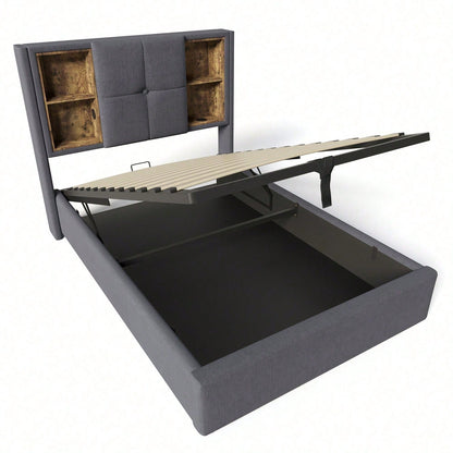Einzelbett mit Kabellosem Laden USB C, Polsterbett Bettgestell 90x200cm,Bettgestell mit Stauraum Lattenrost aus Holz-Grau Baumwolle