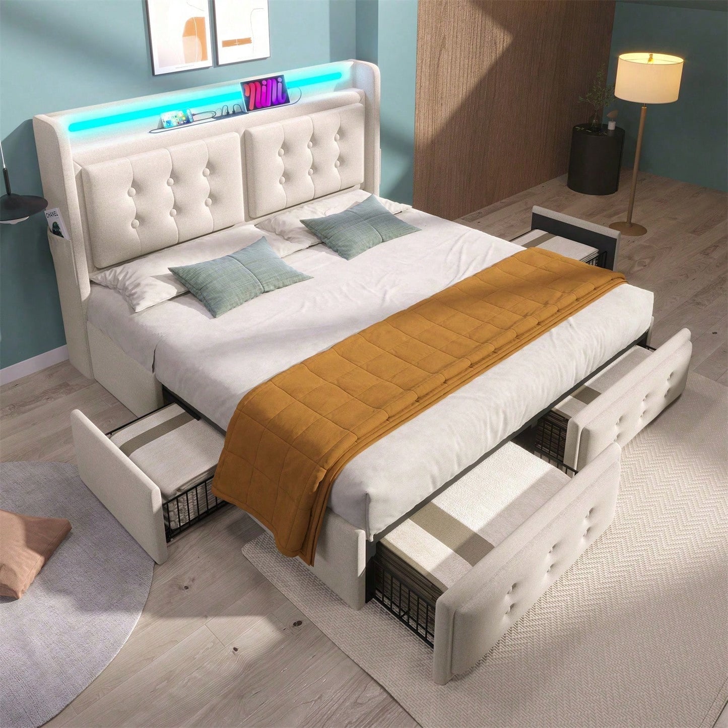Polsterbett 140x200, Doppelbett mit Led-Kopfteil und USB C Ladefunktion und 4 Schubladen, Stauraumbetten mit Lattenrost aus Holz und Metallrahmen, Belastbarkeit 300 kg,Beige,Baumwolle