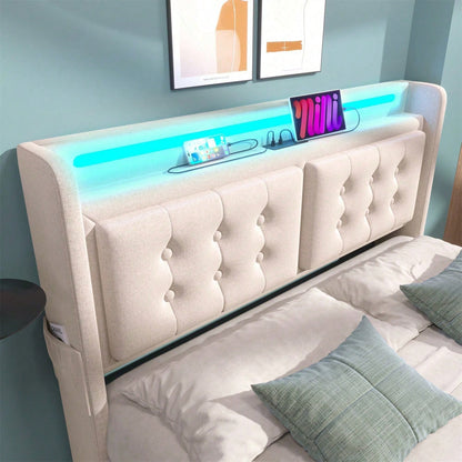Polsterbett 140x200, Doppelbett mit Led-Kopfteil und USB C Ladefunktion und 4 Schubladen, Stauraumbetten mit Lattenrost aus Holz und Metallrahmen, Belastbarkeit 300 kg,Beige,Baumwolle