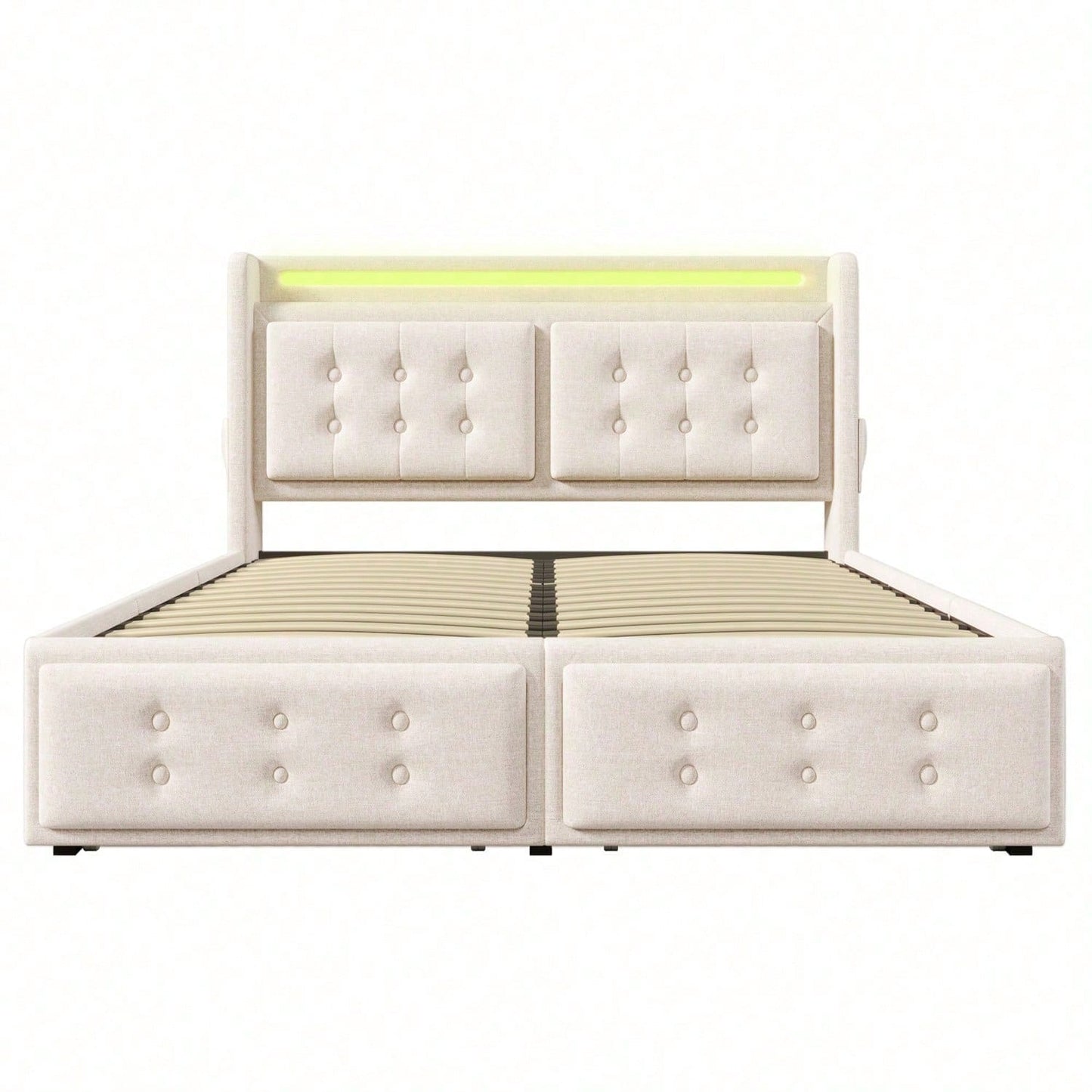 Polsterbett 140x200, Doppelbett mit Led-Kopfteil und USB C Ladefunktion und 4 Schubladen, Stauraumbetten mit Lattenrost aus Holz und Metallrahmen, Belastbarkeit 300 kg,Beige,Baumwolle