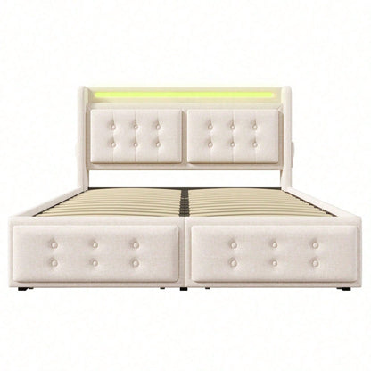Polsterbett 140x200, Doppelbett mit Led-Kopfteil und USB C Ladefunktion und 4 Schubladen, Stauraumbetten mit Lattenrost aus Holz und Metallrahmen, Belastbarkeit 300 kg,Beige,Baumwolle