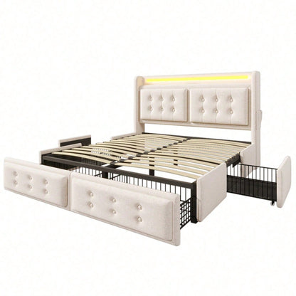 Polsterbett 140x200, Doppelbett mit Led-Kopfteil und USB C Ladefunktion und 4 Schubladen, Stauraumbetten mit Lattenrost aus Holz und Metallrahmen, Belastbarkeit 300 kg,Beige,Baumwolle