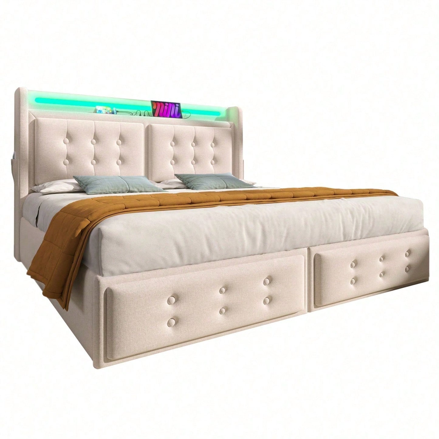 Polsterbett 140x200, Doppelbett mit Led-Kopfteil und USB C Ladefunktion und 4 Schubladen, Stauraumbetten mit Lattenrost aus Holz und Metallrahmen, Belastbarkeit 300 kg,Beige,Baumwolle