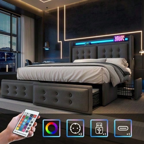 Polsterbett 140x200, Doppelbett mit Led-Kopfteil und USB C Ladefunktion und 4 Schubladen, Stauraumbetten mit Lattenrost aus Holz und Metallrahmen, Belastbarkeit 300 kg,Beige,Baumwolle