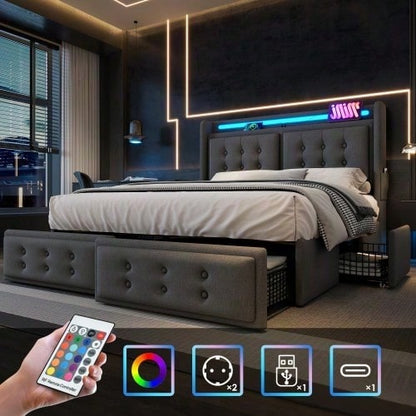 Polsterbett 140x200, Doppelbett mit Led-Kopfteil und USB C Ladefunktion und 4 Schubladen, Stauraumbetten mit Lattenrost aus Holz und Metallrahmen, Belastbarkeit 300 kg,Beige,Baumwolle