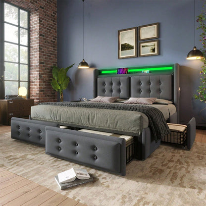 Polsterbett 140x200, Doppelbett mit Led-Kopfteil und USB C Ladefunktion und 4 Schubladen, Stauraumbetten mit Lattenrost aus Holz und Metallrahmen, Belastbarkeit 300 kg,Beige,Baumwolle