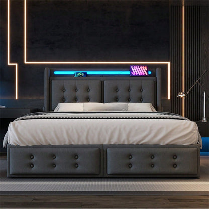 Polsterbett 140x200, Doppelbett mit Led-Kopfteil und USB C Ladefunktion und 4 Schubladen, Stauraumbetten mit Lattenrost aus Holz und Metallrahmen, Belastbarkeit 300 kg,Beige,Baumwolle