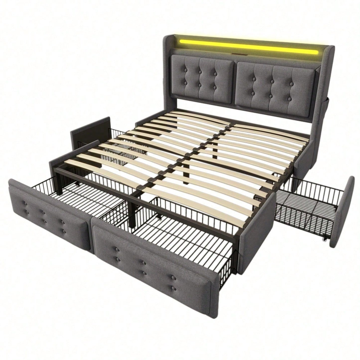 Polsterbett 140x200, Doppelbett mit Led-Kopfteil und USB C Ladefunktion und 4 Schubladen, Stauraumbetten mit Lattenrost aus Holz und Metallrahmen, Belastbarkeit 300 kg,Beige,Baumwolle