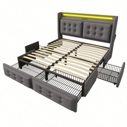 Polsterbett 140x200, Doppelbett mit Led-Kopfteil und USB C Ladefunktion und 4 Schubladen, Stauraumbetten mit Lattenrost aus Holz und Metallrahmen, Belastbarkeit 300 kg,Beige,Baumwolle