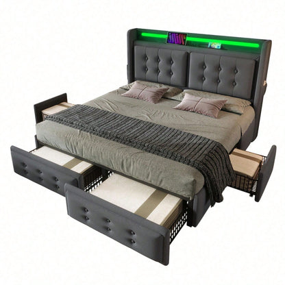 Polsterbett 140x200, Doppelbett mit Led-Kopfteil und USB C Ladefunktion und 4 Schubladen, Stauraumbetten mit Lattenrost aus Holz und Metallrahmen, Belastbarkeit 300 kg,Beige,Baumwolle
