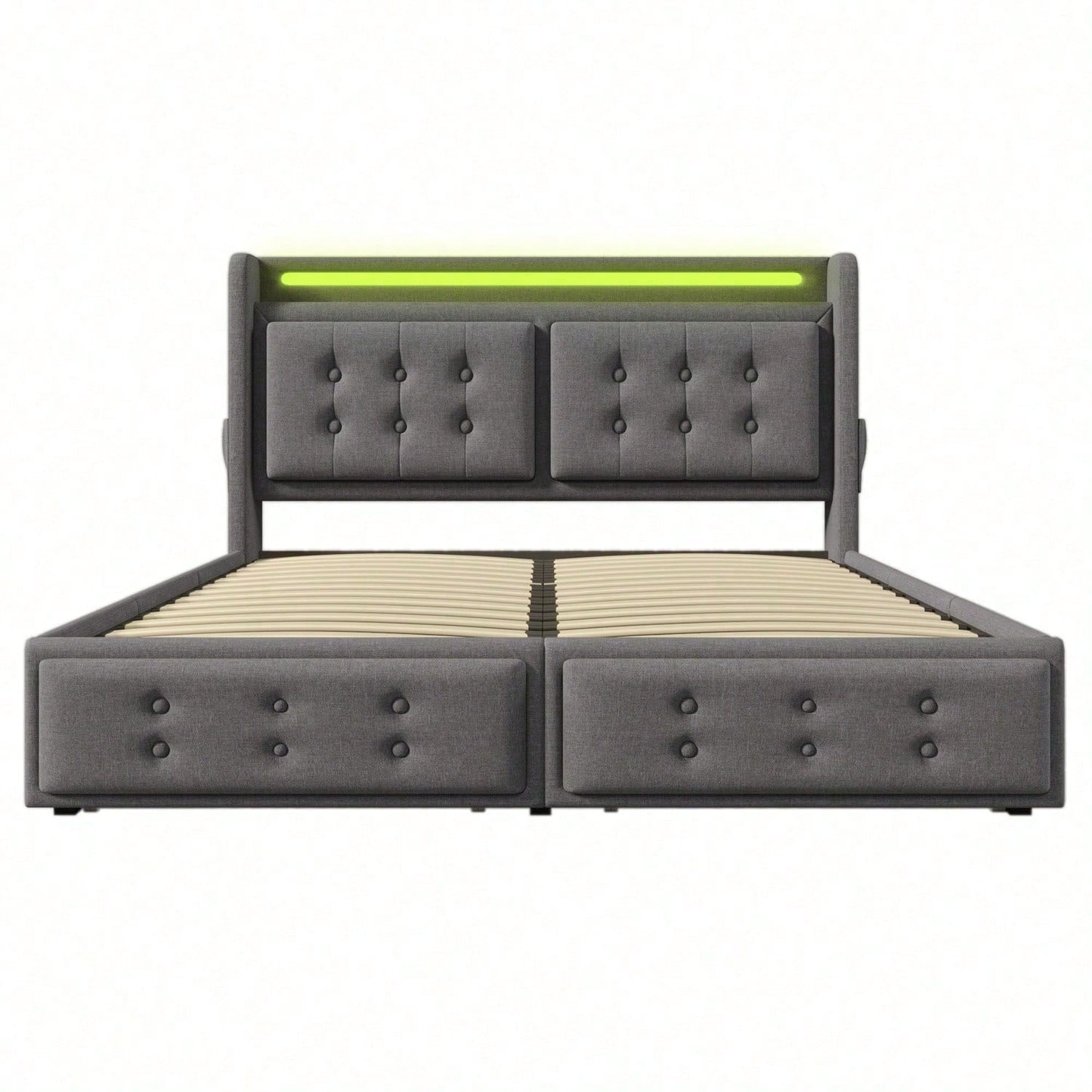 Polsterbett 140x200, Doppelbett mit Led-Kopfteil und USB C Ladefunktion und 4 Schubladen, Stauraumbetten mit Lattenrost aus Holz und Metallrahmen, Belastbarkeit 300 kg,Beige,Baumwolle