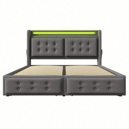 Polsterbett 140x200, Doppelbett mit Led-Kopfteil und USB C Ladefunktion und 4 Schubladen, Stauraumbetten mit Lattenrost aus Holz und Metallrahmen, Belastbarkeit 300 kg,Beige,Baumwolle