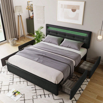 Bettgestell mit LED-Beleuchtung und 4 Schubladen, Doppelbett Polsterbett 140x200cm, Höhenverstellbarem Kopfteil, Lattenrost aus Holz,Schwarz(Matratze nicht enthaltet)