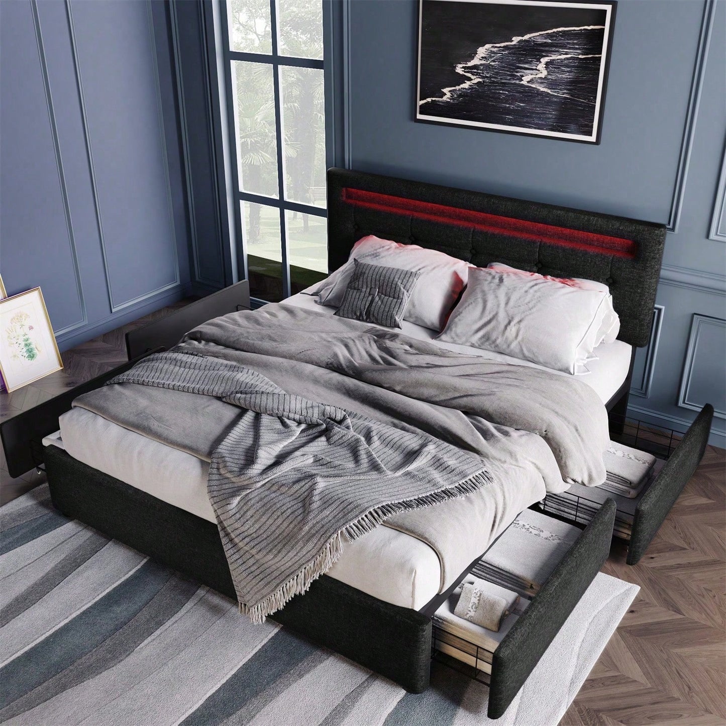 Bettgestell mit LED-Beleuchtung und 4 Schubladen, Doppelbett Polsterbett 140x200cm, Höhenverstellbarem Kopfteil, Lattenrost aus Holz,Schwarz(Matratze nicht enthaltet)