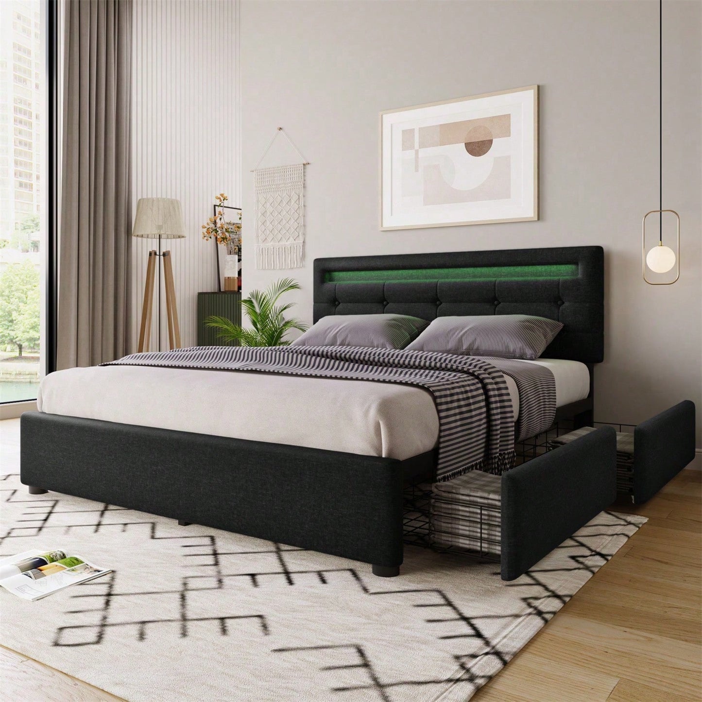 Bettgestell mit LED-Beleuchtung und 4 Schubladen, Doppelbett Polsterbett 140x200cm, Höhenverstellbarem Kopfteil, Lattenrost aus Holz,Schwarz(Matratze nicht enthaltet)