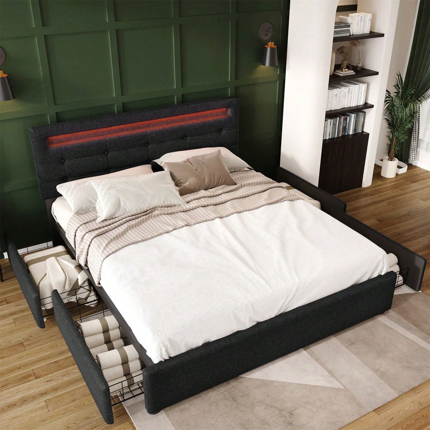 Bettgestell mit LED-Beleuchtung und 4 Schubladen, Doppelbett Polsterbett 140x200cm, Höhenverstellbarem Kopfteil, Lattenrost aus Holz,Schwarz(Matratze nicht enthaltet)