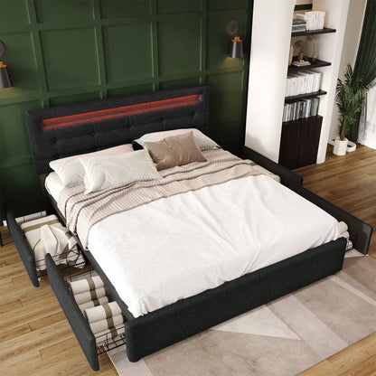Bettgestell mit LED-Beleuchtung und 4 Schubladen, Doppelbett Polsterbett 140x200cm, Höhenverstellbarem Kopfteil, Lattenrost aus Holz,Schwarz(Matratze nicht enthaltet)