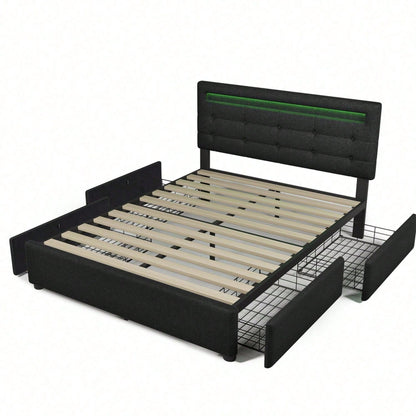 Bettgestell mit LED-Beleuchtung und 4 Schubladen, Doppelbett Polsterbett 140x200cm, Höhenverstellbarem Kopfteil, Lattenrost aus Holz,Schwarz(Matratze nicht enthaltet)