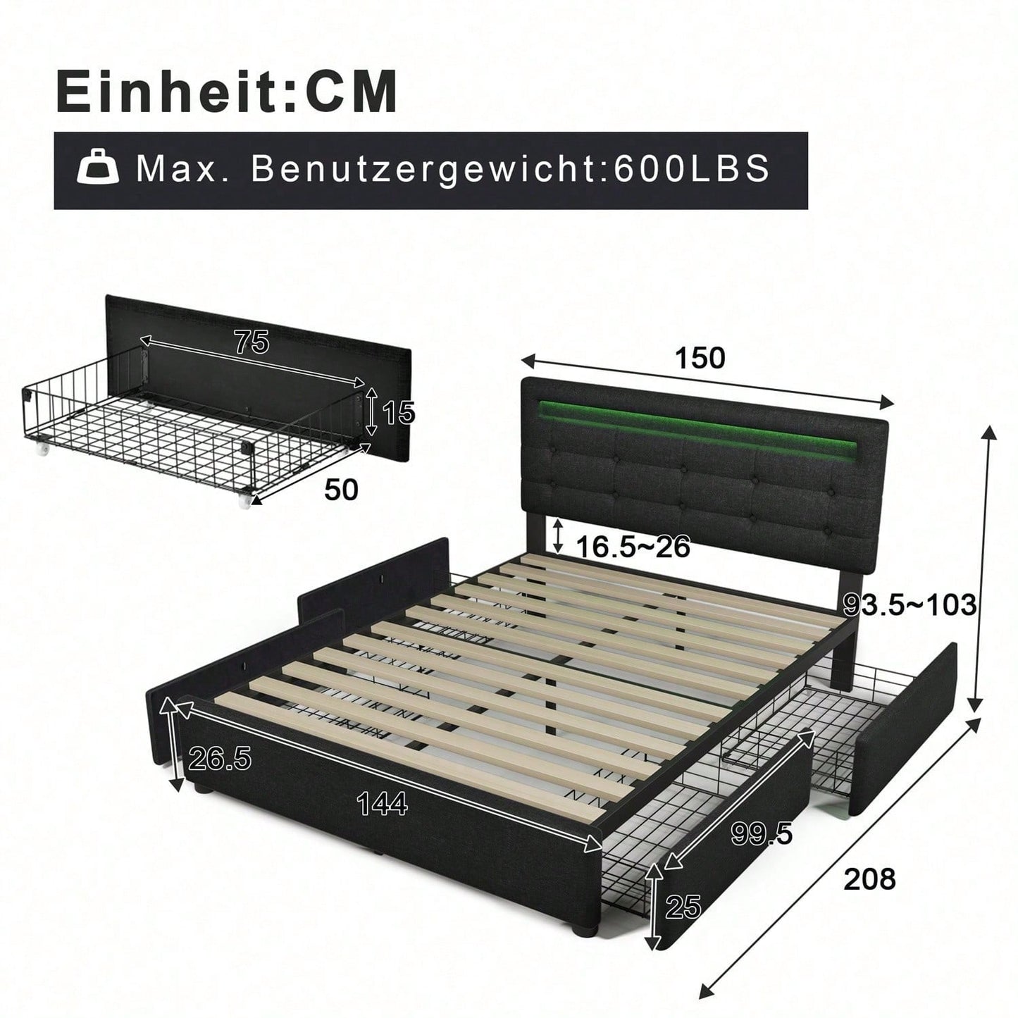 Bettgestell mit LED-Beleuchtung und 4 Schubladen, Doppelbett Polsterbett 140x200cm, Höhenverstellbarem Kopfteil, Lattenrost aus Holz,Schwarz(Matratze nicht enthaltet)