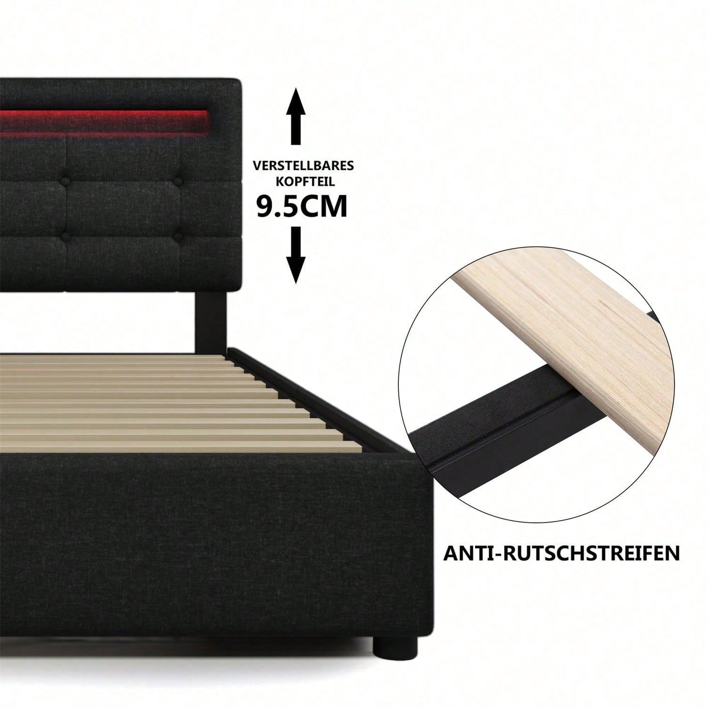 Bettgestell mit LED-Beleuchtung und 4 Schubladen, Doppelbett Polsterbett 140x200cm, Höhenverstellbarem Kopfteil, Lattenrost aus Holz,Schwarz(Matratze nicht enthaltet)