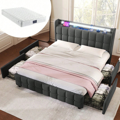 Polsterbett mit aufladen USB Ladefunktion Kopfteil und LED-Beleuchtung und 4 Schubladen,Doppelbett 160x200cm Stauraumbetten Bettgestell, Lattenrost aus Holz, Grau