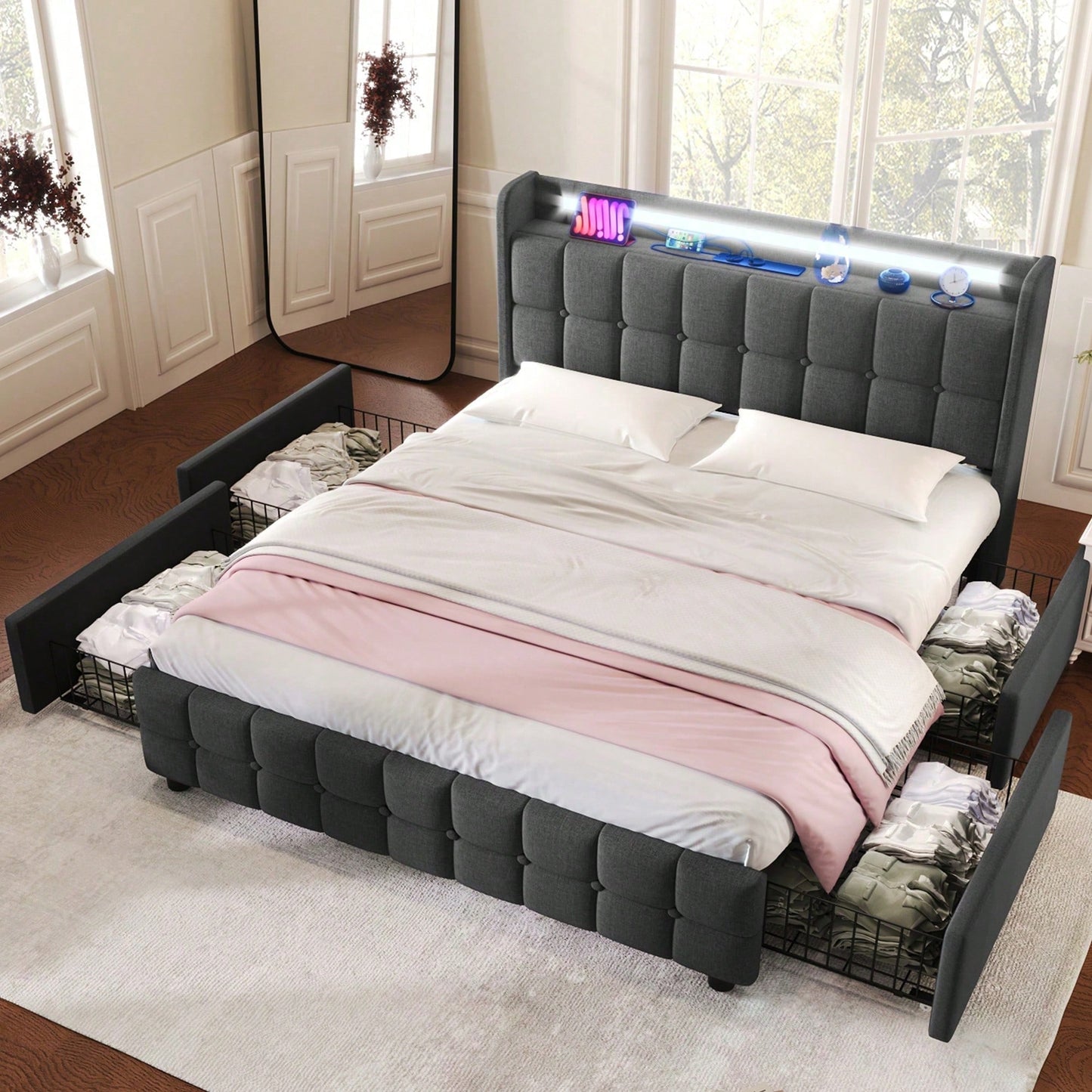 Polsterbett mit aufladen USB Ladefunktion Kopfteil und LED-Beleuchtung und 4 Schubladen,Doppelbett 160x200cm Stauraumbetten Bettgestell, Lattenrost aus Holz, Grau