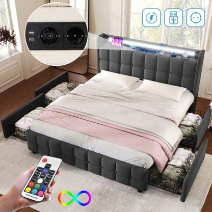 Polsterbett mit aufladen USB Ladefunktion Kopfteil und LED-Beleuchtung und 4 Schubladen,Doppelbett 160x200cm Stauraumbetten Bettgestell, Lattenrost aus Holz, Grau