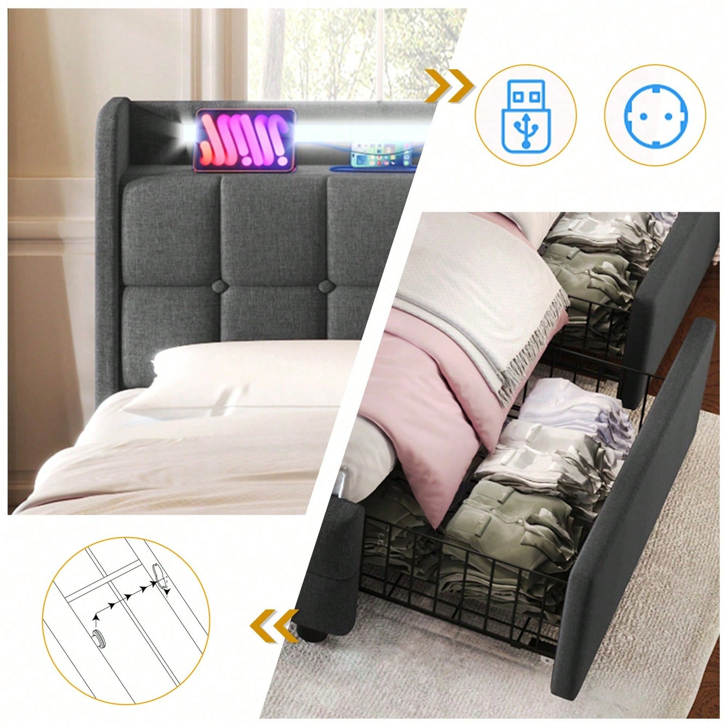 Polsterbett mit aufladen USB Ladefunktion Kopfteil und LED-Beleuchtung und 4 Schubladen,Doppelbett 160x200cm Stauraumbetten Bettgestell, Lattenrost aus Holz, Grau