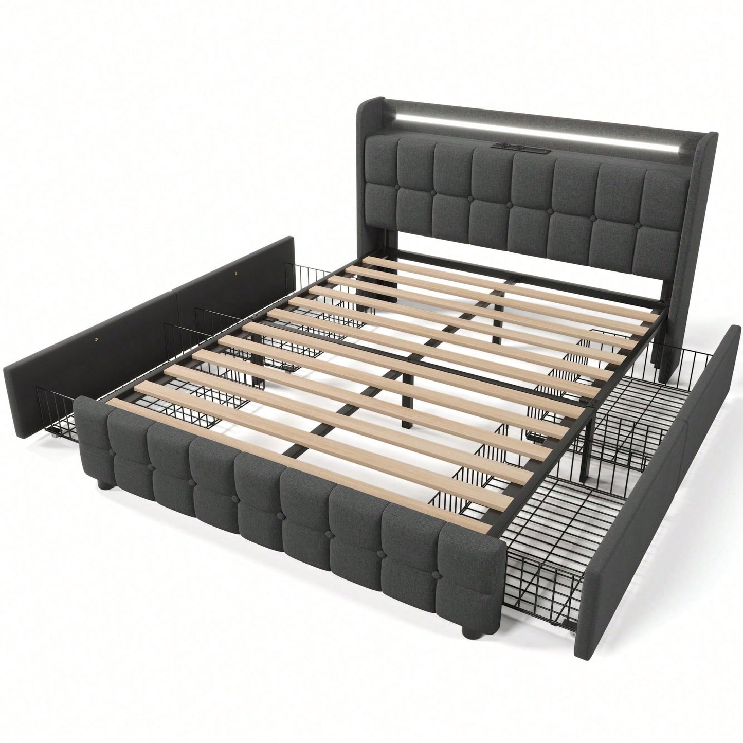 Polsterbett mit aufladen USB Ladefunktion Kopfteil und LED-Beleuchtung und 4 Schubladen,Doppelbett 160x200cm Stauraumbetten Bettgestell, Lattenrost aus Holz, Grau