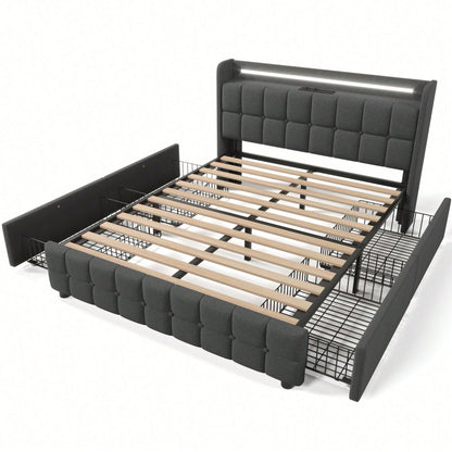 Polsterbett mit aufladen USB Ladefunktion Kopfteil und LED-Beleuchtung und 4 Schubladen,Doppelbett 160x200cm Stauraumbetten Bettgestell, Lattenrost aus Holz, Grau