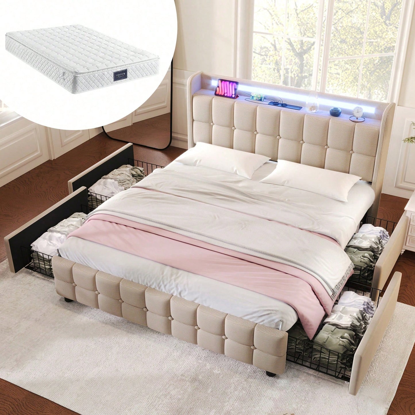 Polsterbett mit aufladen USB Ladefunktion Kopfteil und LED-Beleuchtung und 4 Schubladen,Doppelbett 160x200cm Stauraumbetten Bettgestell, Lattenrost aus Holz, Grau