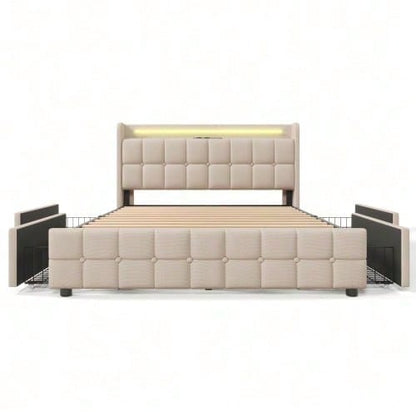 Polsterbett mit aufladen USB Ladefunktion Kopfteil und LED-Beleuchtung und 4 Schubladen,Doppelbett 160x200cm Stauraumbetten Bettgestell, Lattenrost aus Holz, Grau