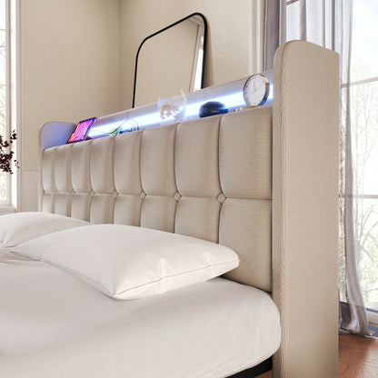 Polsterbett mit aufladen USB Ladefunktion Kopfteil und LED-Beleuchtung und 4 Schubladen,Doppelbett 160x200cm Stauraumbetten Bettgestell, Lattenrost aus Holz, Grau