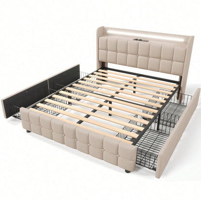 Polsterbett mit aufladen USB Ladefunktion Kopfteil und LED-Beleuchtung und 4 Schubladen,Doppelbett 160x200cm Stauraumbetten Bettgestell, Lattenrost aus Holz, Grau
