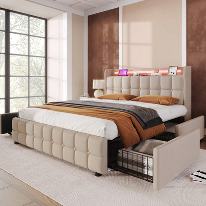 Polsterbett mit aufladen USB Ladefunktion Kopfteil und LED-Beleuchtung und 4 Schubladen,Doppelbett 160x200cm Stauraumbetten Bettgestell, Lattenrost aus Holz, Grau