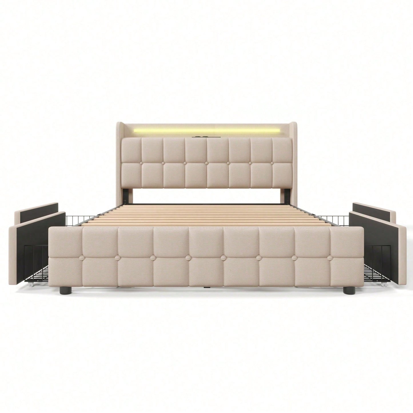 Polsterbett mit aufladen USB Ladefunktion Kopfteil und LED-Beleuchtung und 4 Schubladen,Doppelbett 160x200cm Stauraumbetten Bettgestell, Lattenrost aus Holz, Grau
