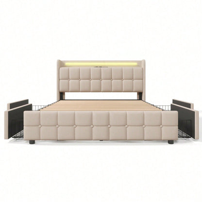 Polsterbett mit aufladen USB Ladefunktion Kopfteil und LED-Beleuchtung und 4 Schubladen,Doppelbett 160x200cm Stauraumbetten Bettgestell, Lattenrost aus Holz, Grau