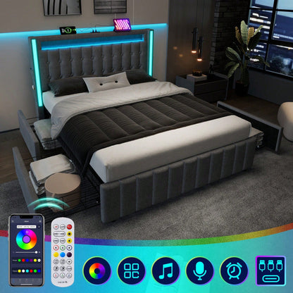 Polsterbett USB Typ C Ladefunktion LED-Beleuchtung und 4 Schubladen,  Mit Matratze,Jugendbetten 160x200cm Doppelbett Stauraumbetten Bettgestell, Lattenrost aus Holz, Grau